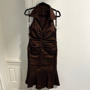 Tadashi Shoji Chocolate Brown Satin Ruched Halter Midi Dress